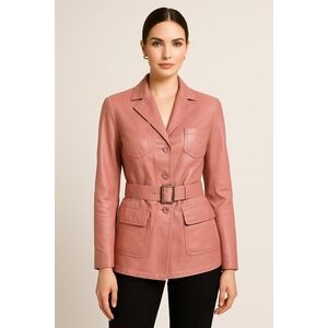 Pink Leather Belted Blazer Jacket Button Front Pockets Safari Style Small‎
